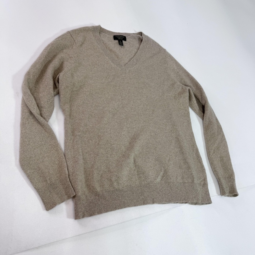 Charter Club Sweater Womens XL Beige Cashmere Metallic V Neck Knit Pullover